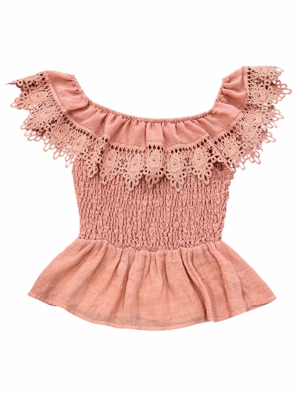 June & Hudson Coral Crochet-Trim Smocked Off-Shoulder Top S